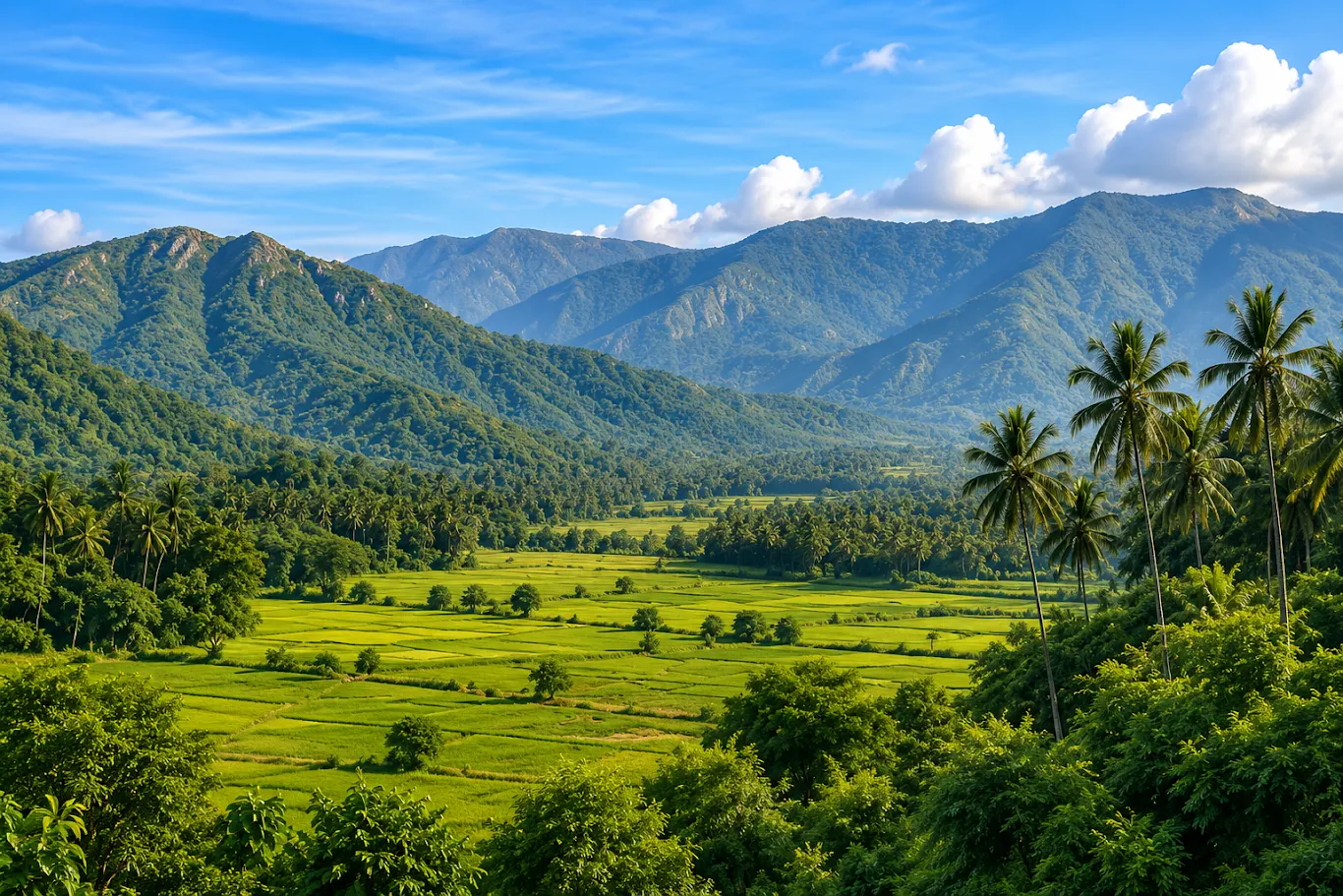 Coconut palms and green fields spread beneath the Pothigai hills