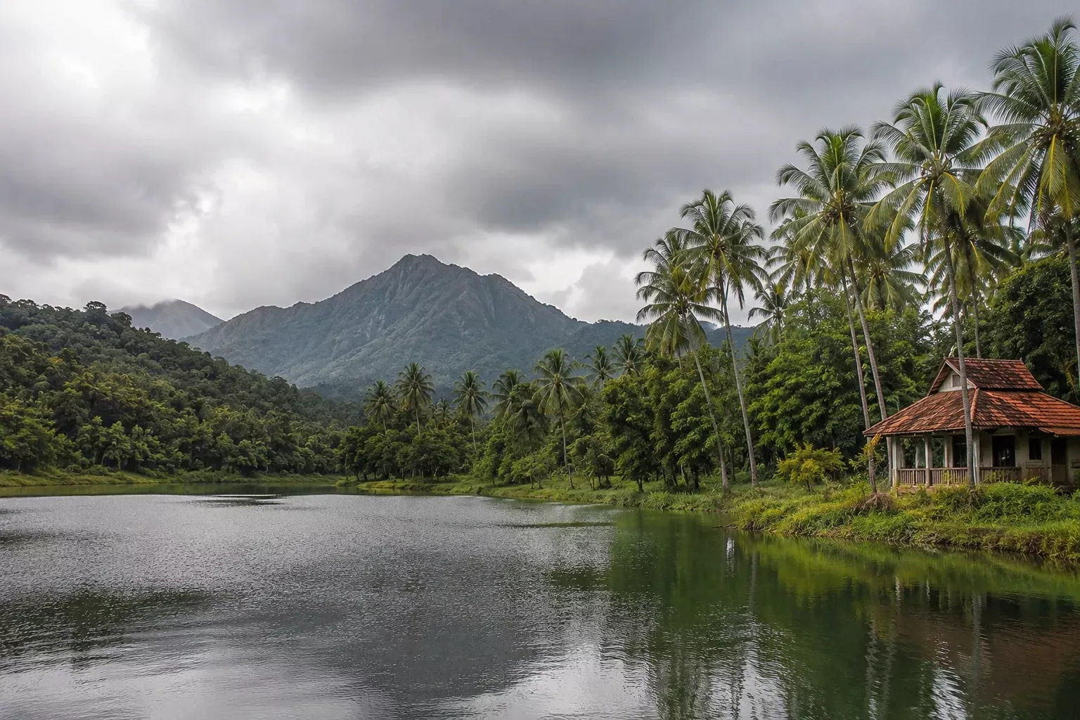 A coconut-palm estate beside a still lake, with a thatched-roof pavilion at the water's edge