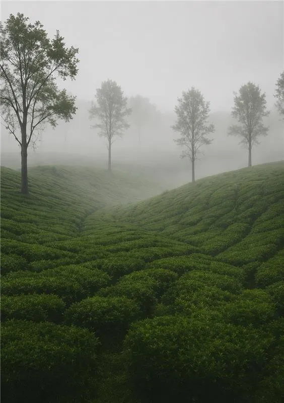 Mist settling over rolling tea plantation hills at dawn