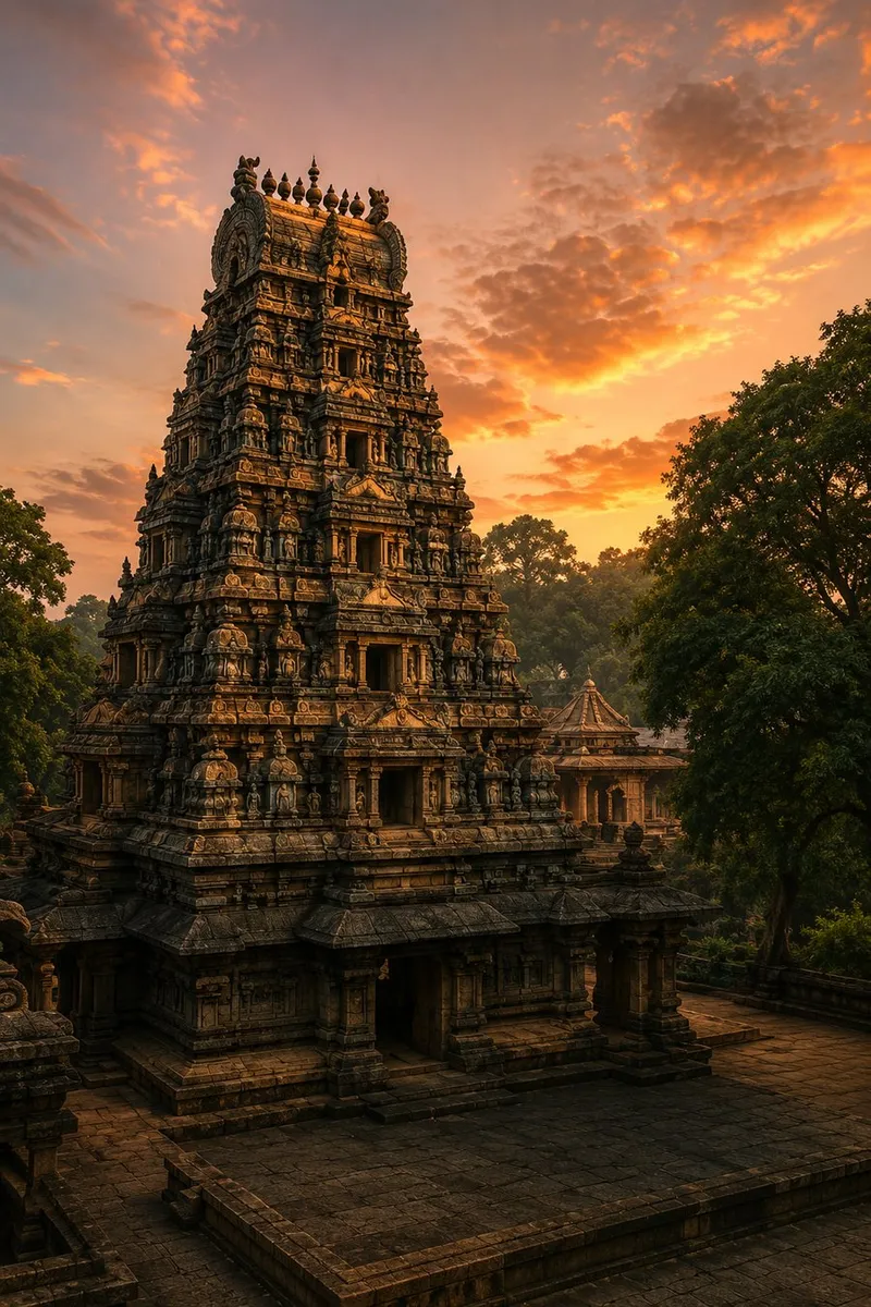 An ancient stepped temple tower lit gold at sunrise