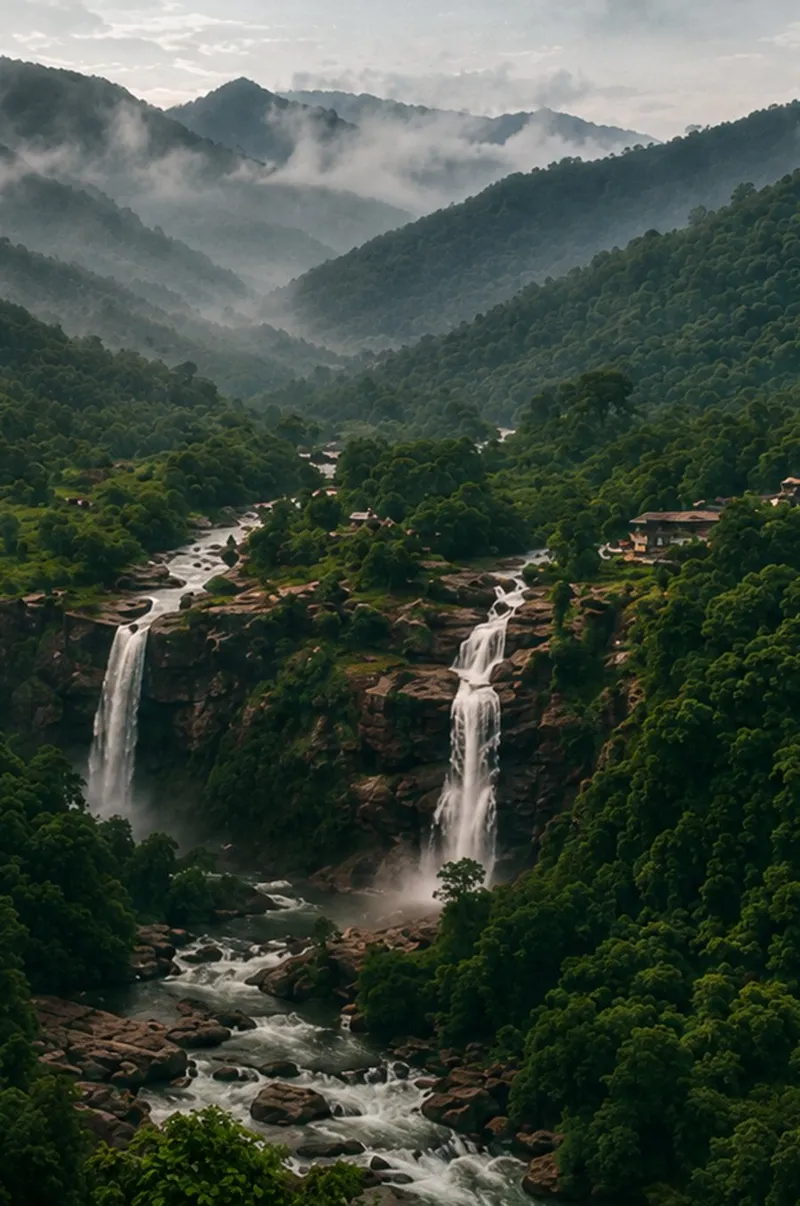Twin waterfalls falling through the green Pothigai valley