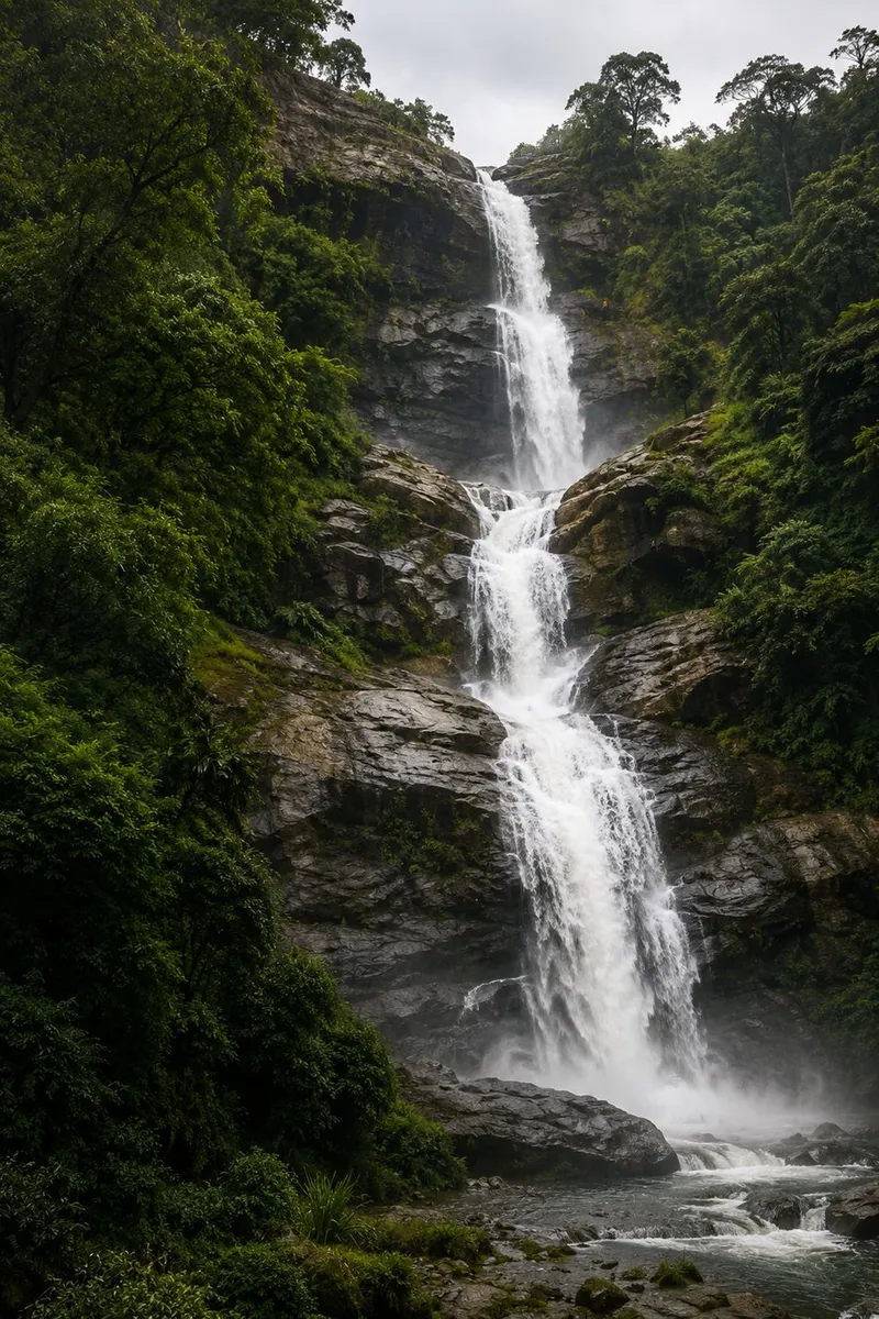 A tall waterfall cascading through a misty rainforest gorge
