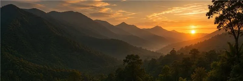 The Pothigai hills silhouetted against a golden sunset