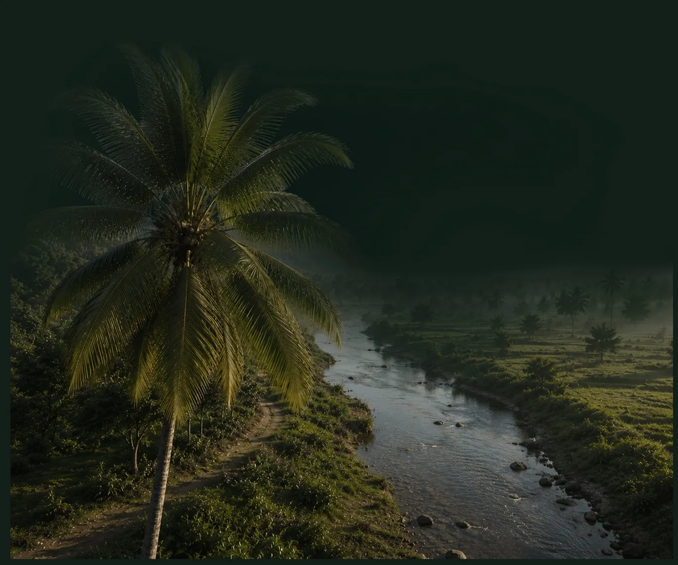Aerial view of a river winding through the forested Pothigai valley