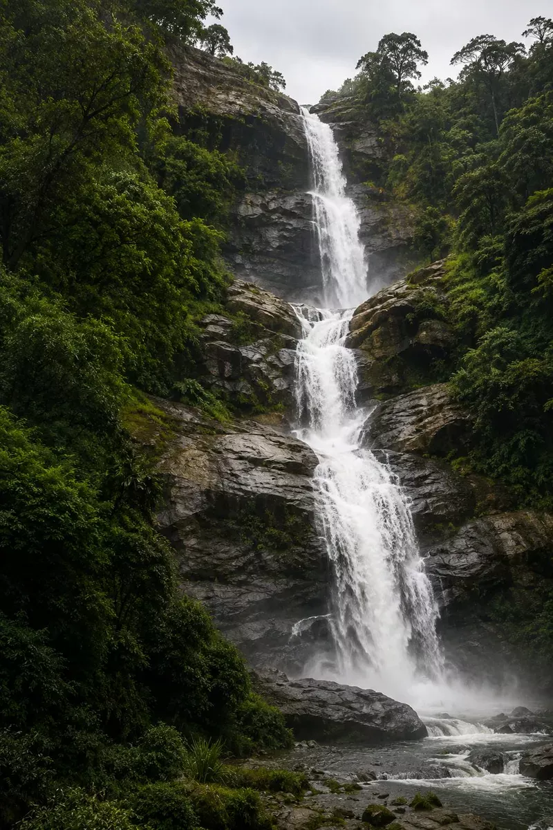 A tall waterfall cascading through a misty rainforest gorge