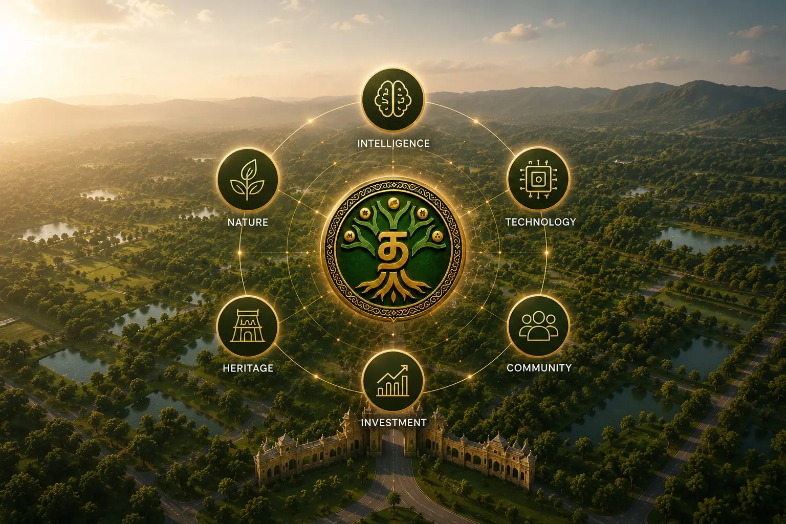 ARAM™ platform visualisation — aerial view of the Thamizhoor estate with the interconnected intelligence ecosystem overlay