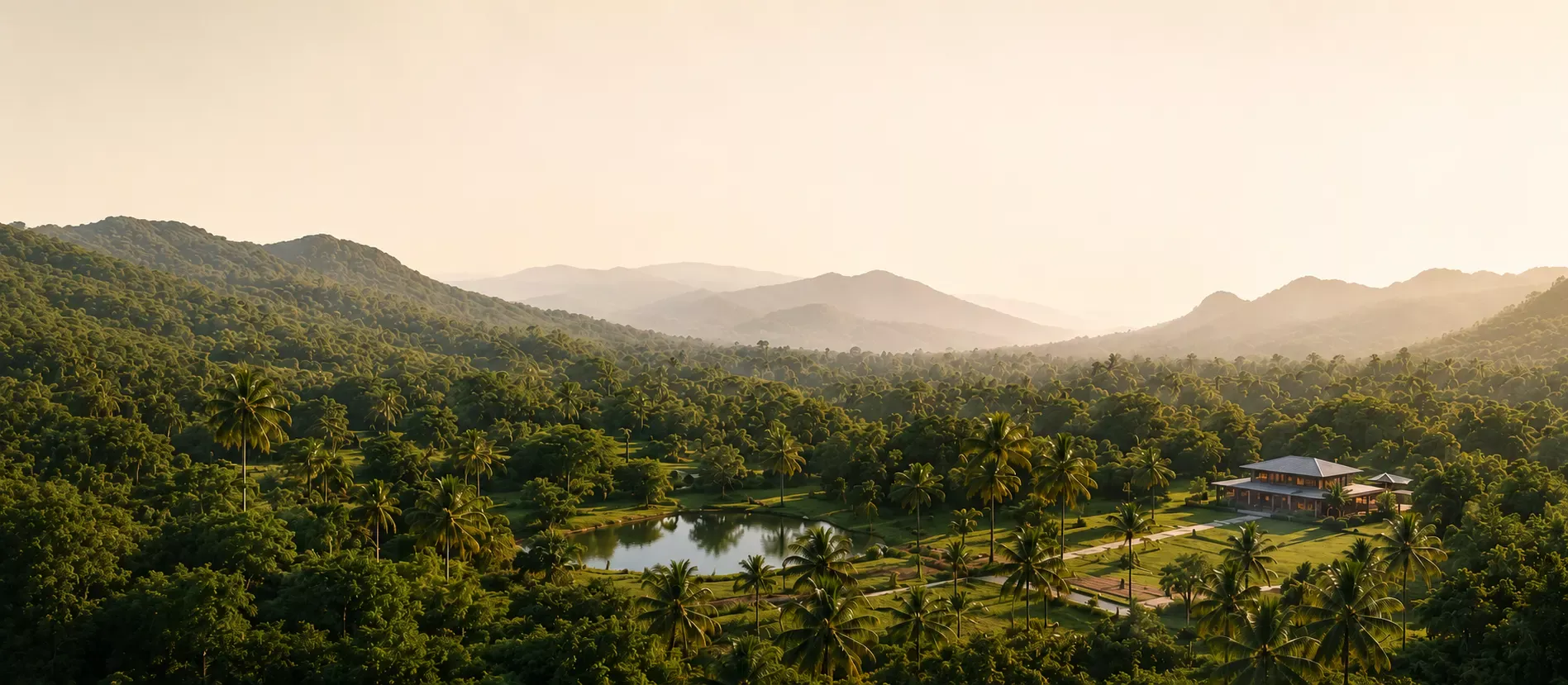 Tropical Thamizhoor retreat overlooking a scenic pond at golden hour