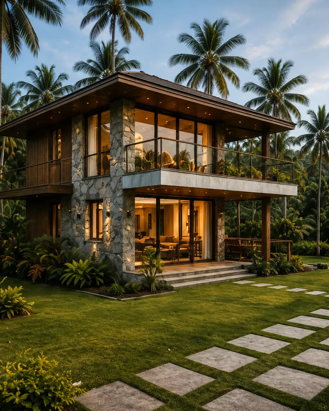 Thamizhoor estate villa aglow at dusk, framed by coconut palms