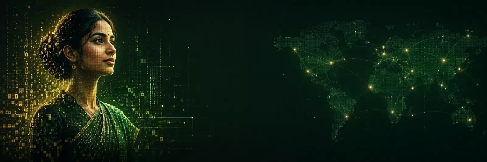 A woman gazing toward a glowing global network — ARAM™ connecting the Tamil community across the world.