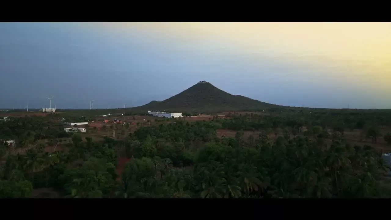 Golden-hour aerial of Pothigai hill rising above the Thamizhoor estate's palm groves