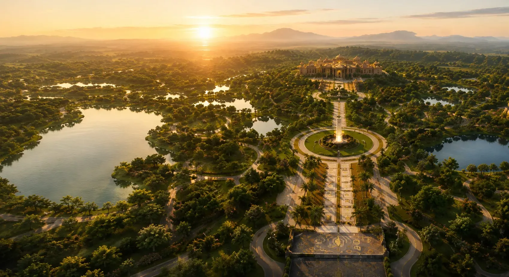 Golden-hour aerial of the Thamizhoor estate — the heritage parliament, central flame, and tree-lined ceremonial avenue set among lakes and gardens.